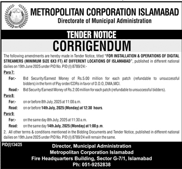 Metropolitan Corporation Islamabad Tender Notice